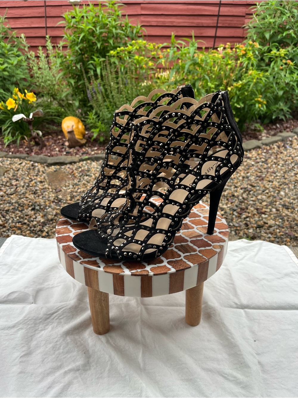 Black Cage High Heel Sandals with Stud Detail